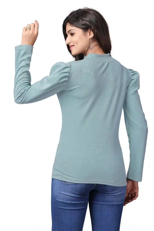 elegant light green solid t-shirt with puff sleeve design for women
