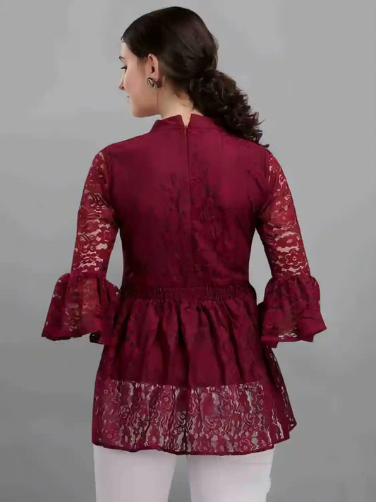 elegant maroon crepe inner casual top featuring coding net design
