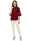 elegant maroon crepe tunic with collar neck for casual wear
