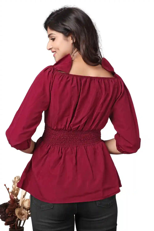 elegant maroon off-shoulder neck crepe top with ruffle detail
