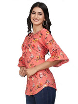 elegant orange floral pattern crepe tunic with bell sleeves
