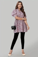 elegant peach crepe ruffle neck top for women, casual & party wear
