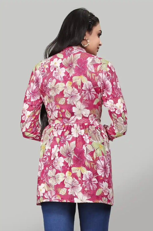 elegant pink floral print rayon tunic top for daily wear
