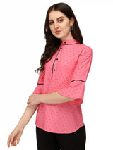elegant pink polka dot top with collar neck and hip length
