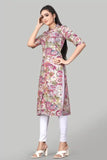 elegant pink rayon kurti with round neck and floral design
