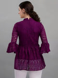 elegant purple crepe inner casual top with net detailing
