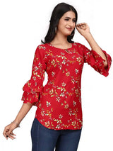 elegant red crepe tunic with floral design and bell sleeves
