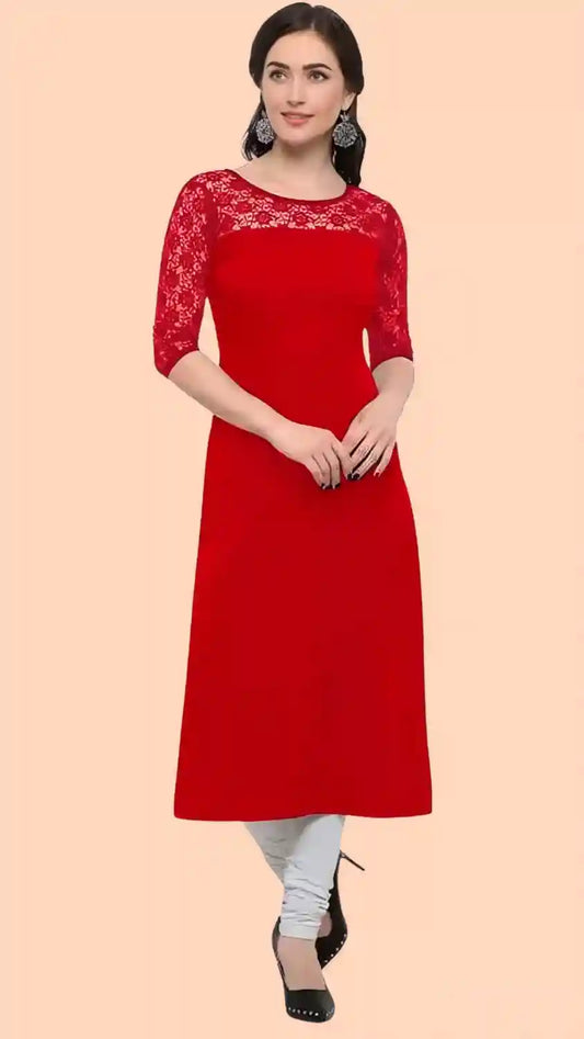 elegant red solid kurti with three-quarter sleeves
