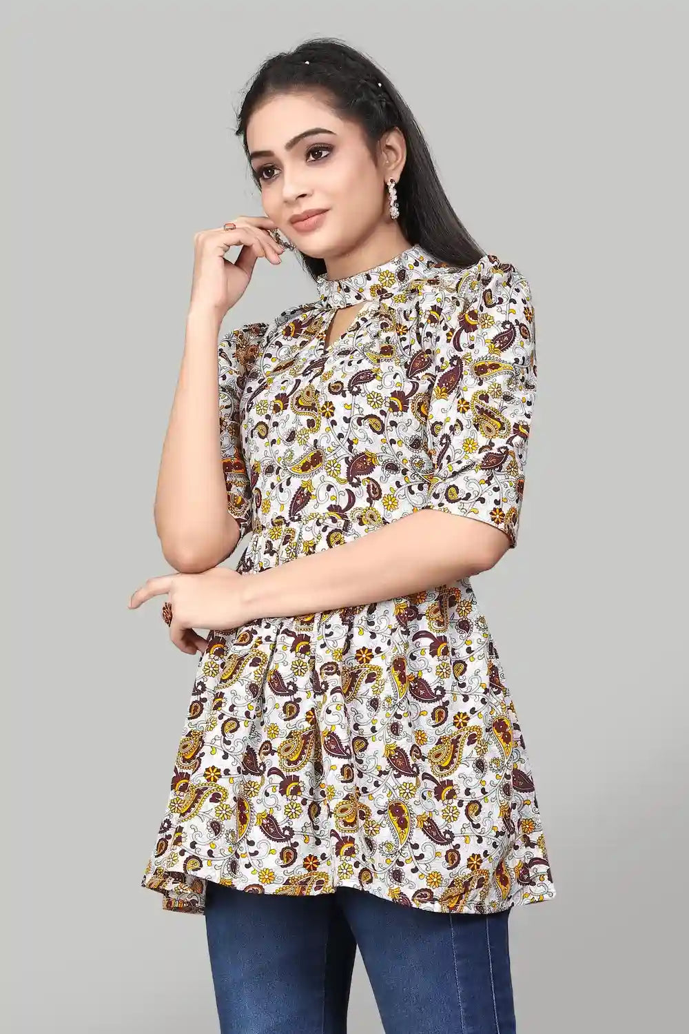 elegant yellow keyhole neck crepe tunic top with floral design
