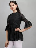 fashionable black crepe inner top with net detailing for women
