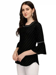 fashionable black crepe tunic top with bell sleeves
