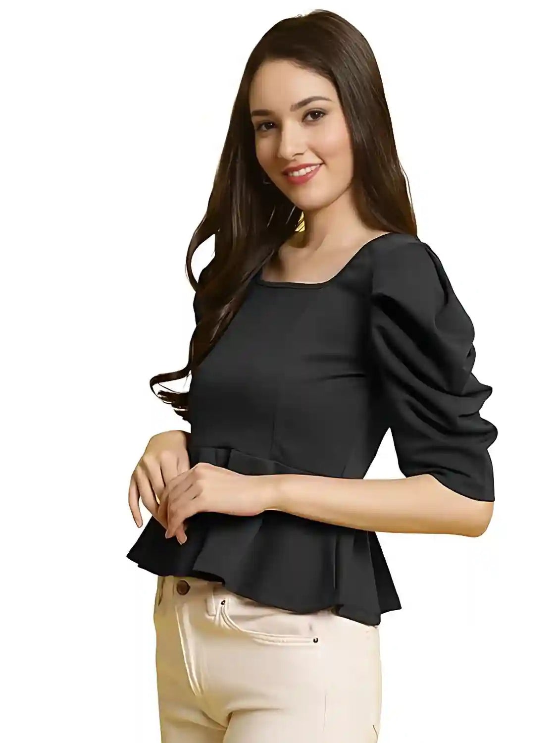 fashionable black solid polyester top, ideal for daily and party wear
