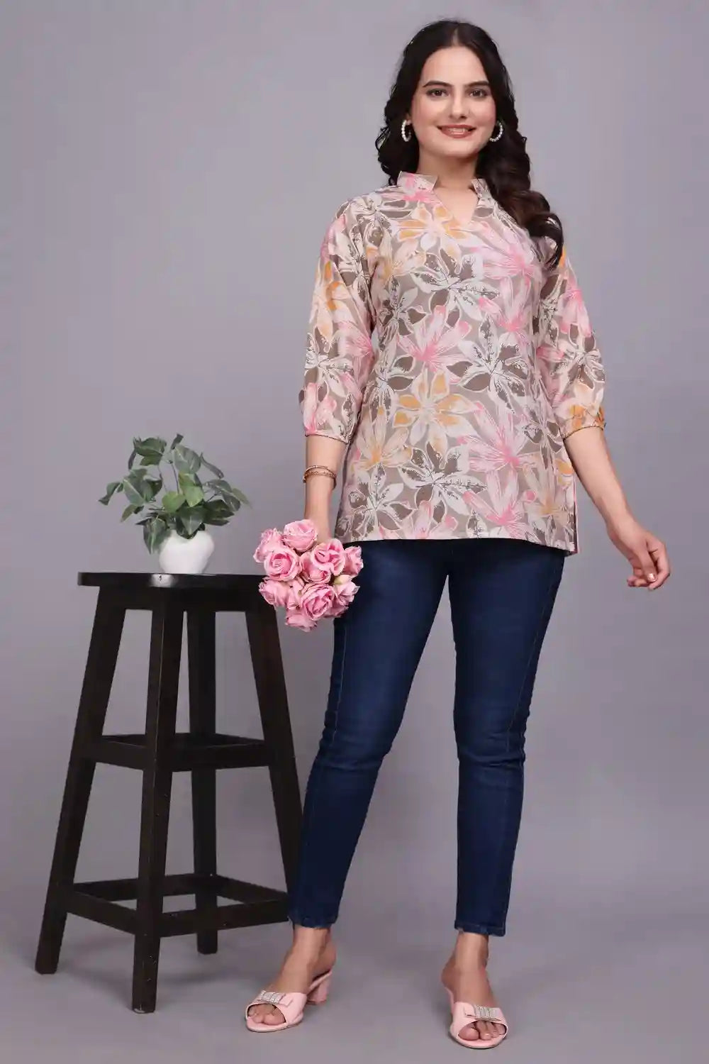 fashionable brown floral cotton tunic with a chic design
