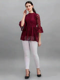 fashionable maroon crepe inner top with delicate net details
