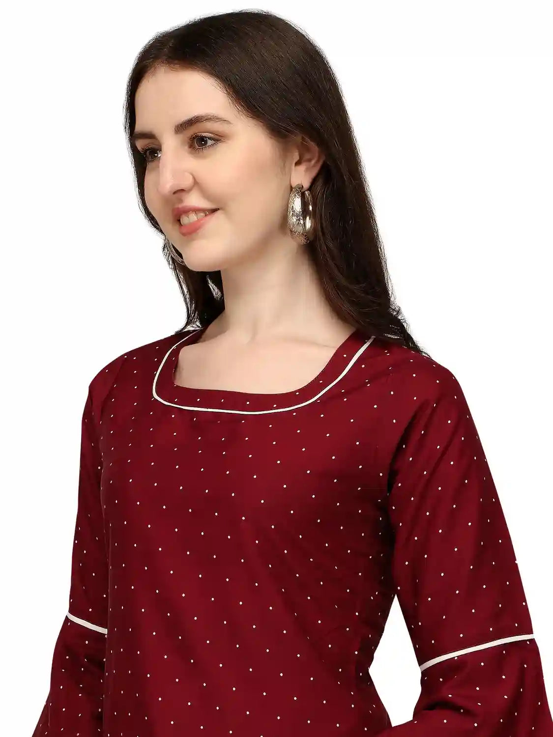 fashionable maroon polka dot tunic top for casual outings
