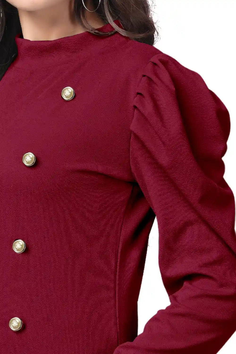 fashionable maroon puff sleeve polyester t-shirt for casual and party wear
