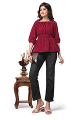 fashionable maroon three-quarter sleeve crepe top with ruffle accents
