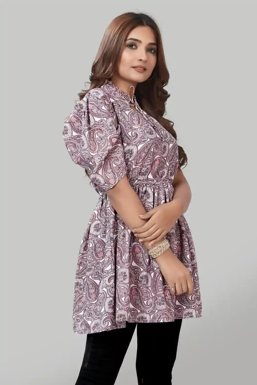fashionable peach tie-up neck ruffle top in solid crepe fabric

