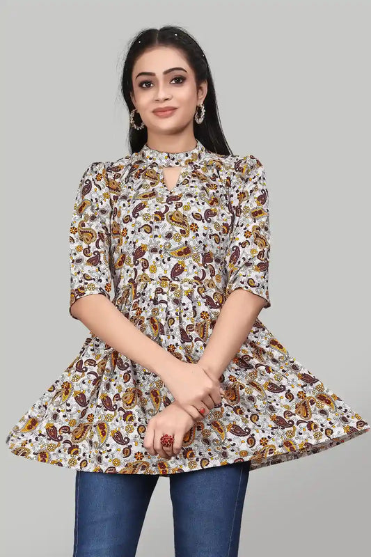 fashionable yellow floral mango print tunic for casual and party wear
