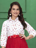 Full sleeve red & white crepe Christmas party dress for women

