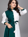 Green pure cotton colourblock casual & party wear dress with inner and comfortable belt

