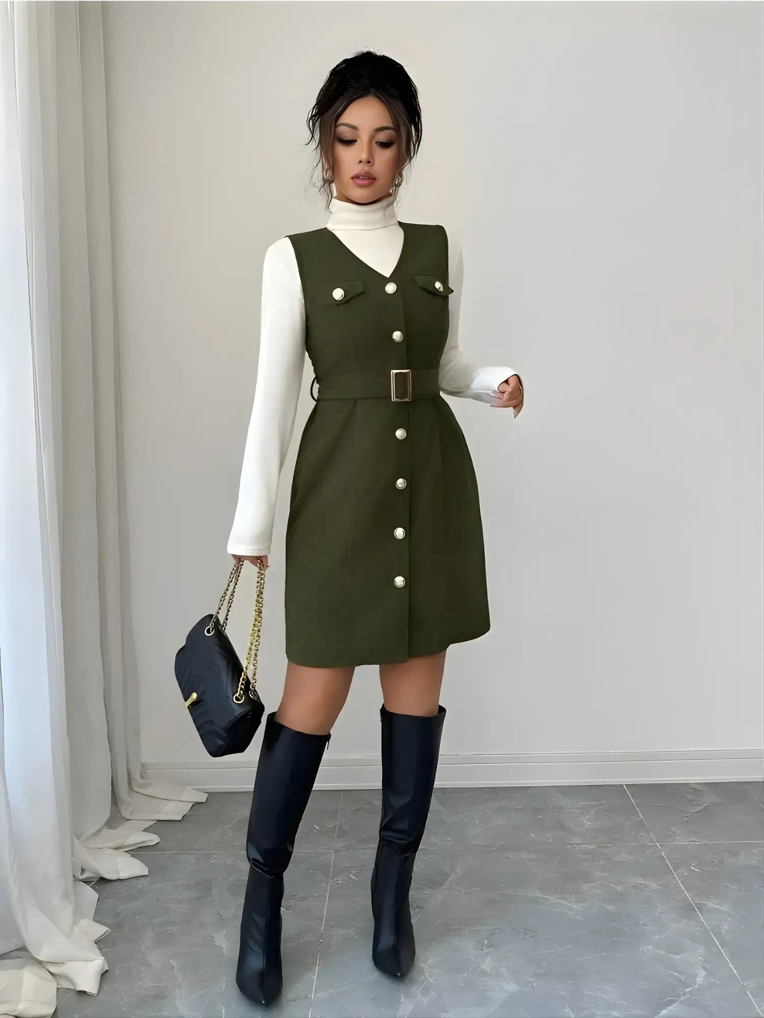 Woman wearing a green dress with white buttons and black knee-high boots, holding a black handbag.