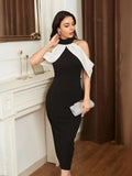 Black solid polyester bodycon dress with round halter neck and sleeveless style

