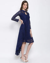 High-low blue coding net dress with crepe inner for women

