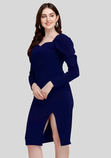 Blue knee-length solid polyester bodycon dress with sweetheart neck by ZELZIS

