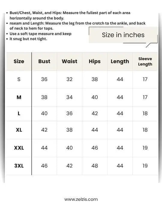 Size chart for clothing measurements with bust, waist, hips, length, and sleeve length details.