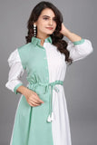 Light green pure cotton colourblock casual & party wear fit & flare dress with comfortable belt

