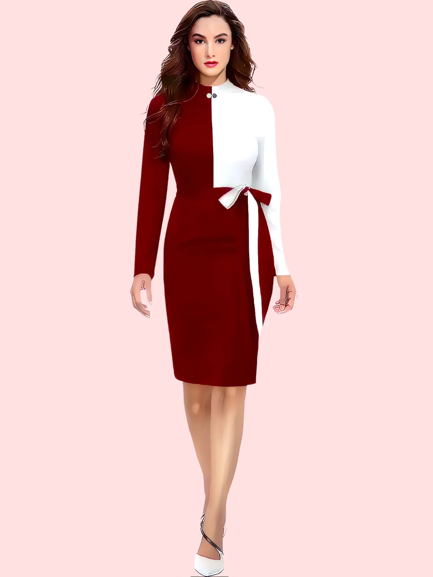 maroon-and-white-colourblock-with-comfortable-belt-polyester-bodycon-dress