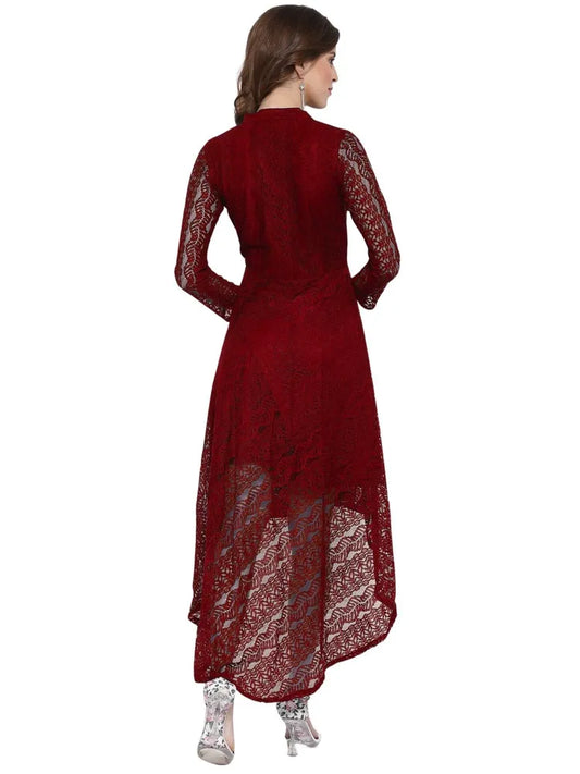 Maroon coding net with inner high low stylish dress for women

