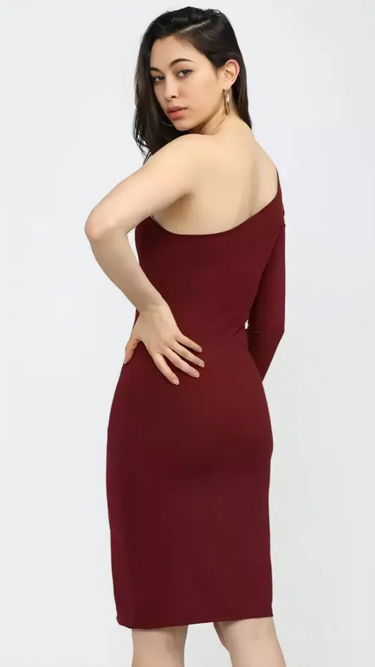 Maroon one shoulder bodycon dress for women

