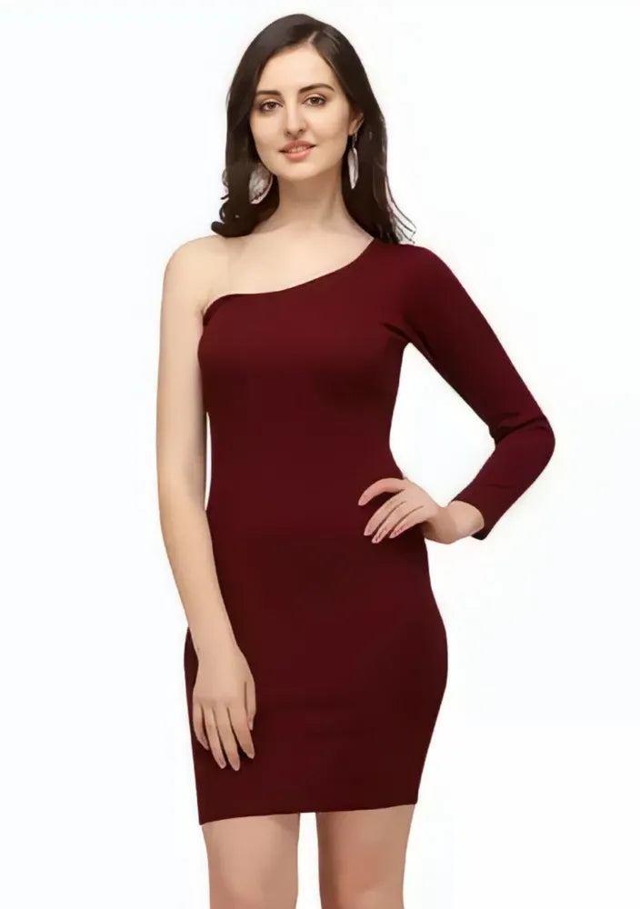 Maroon one shoulder solid knee-length polyester dress for women

