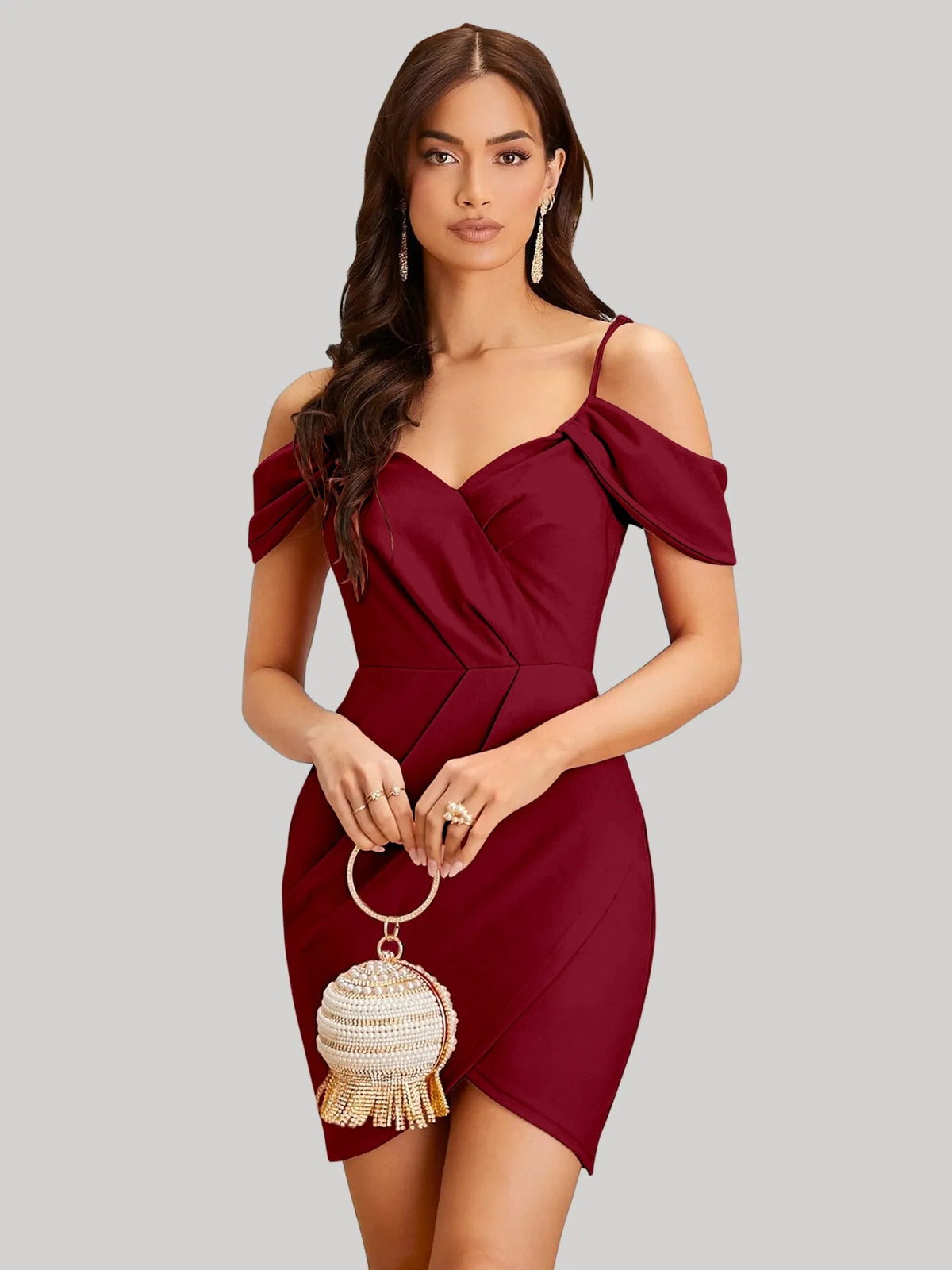 maroon-shoulder-strap-party-wear-polyester-knee-length-dress