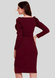 Maroon solid polyester bodycon dress with sweetheart neck

