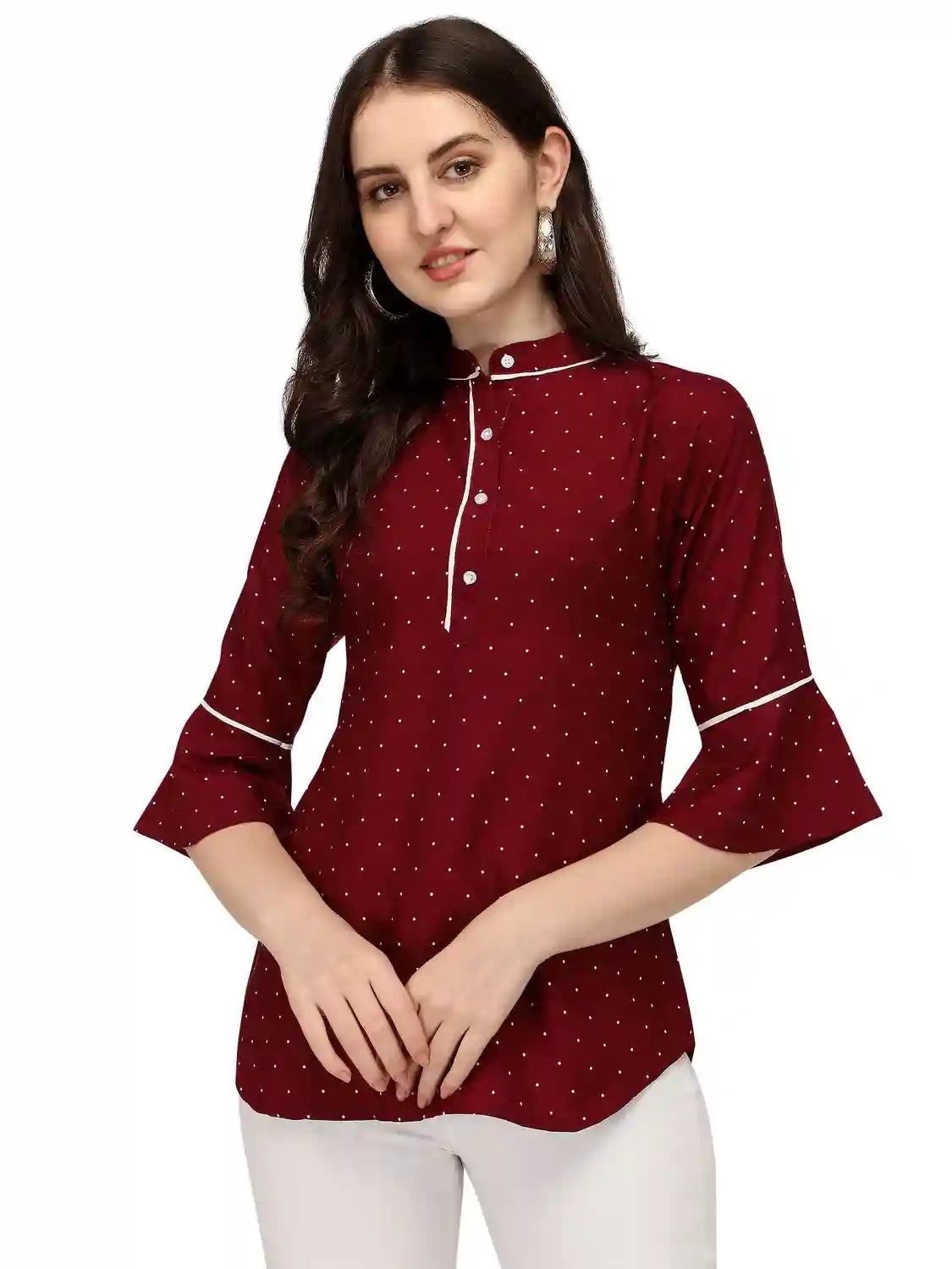 maroon crepe polka dot tunic top for women
