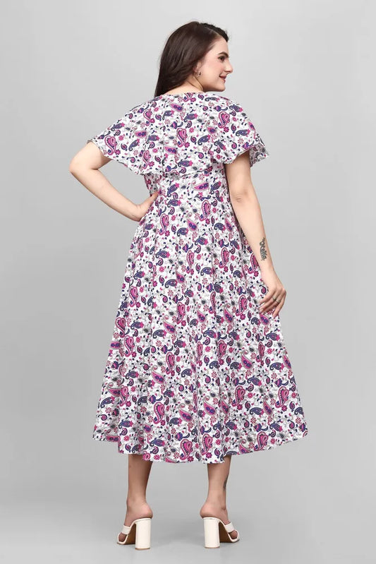 Pink mango floral flared sleeve wrap maxi crepe dress by ZELZIS

