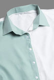 Light green pure cotton colourblock fit & flare dress with round collar neck

