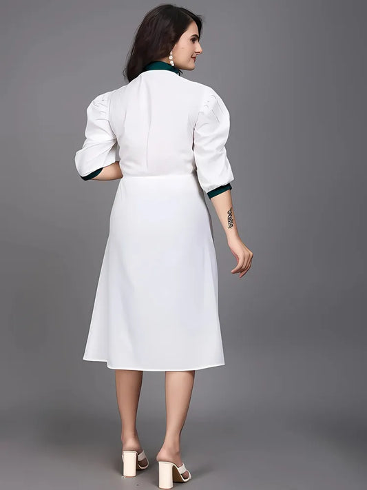 Pure cotton green colourblock dress with inner and comfortable belt

