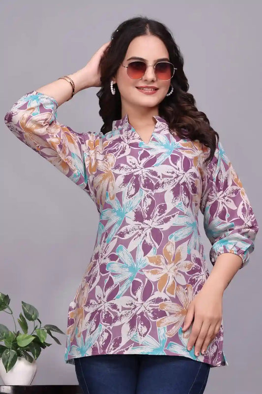purple floral print crepe tunic top for women
