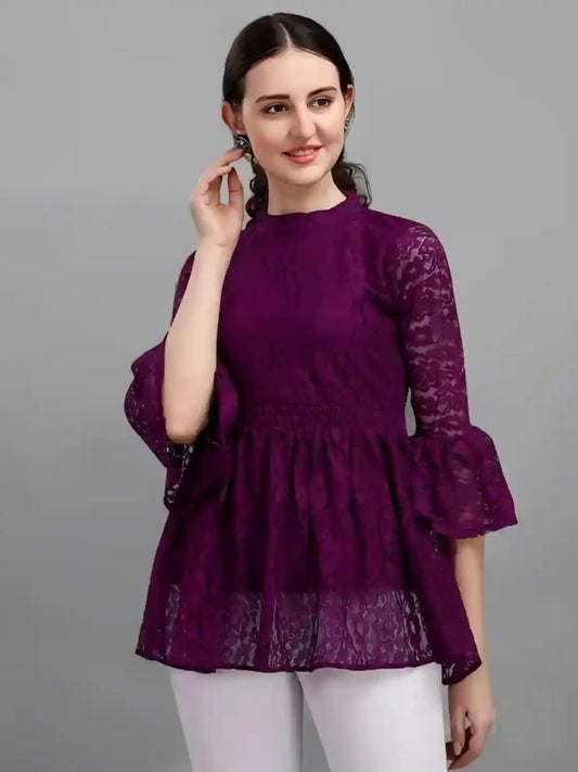 purple solid net top with crepe inner for women

