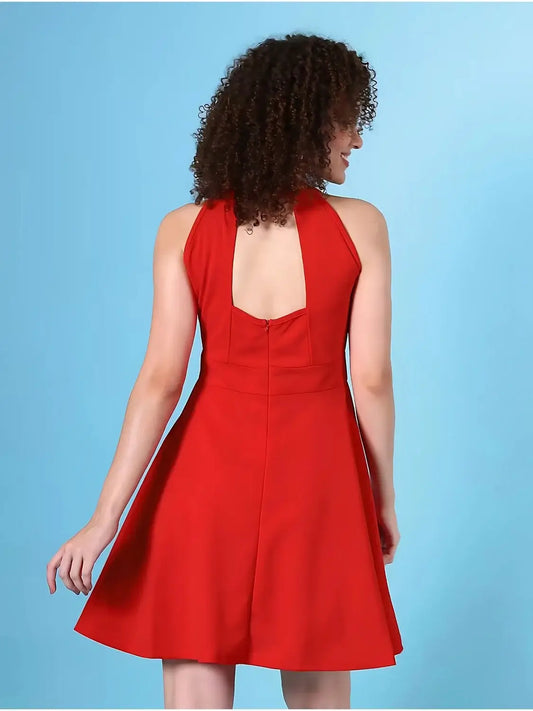 red polyester ZELZIS dress showcasing sleeveless design