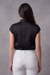 ZELZIS Women’s Black Satin Cowl Neck Short Sleeve Top