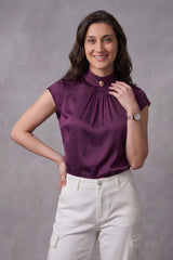 ZELZIS Women’s Purple Satin Cowl Neck Short Sleeve Top