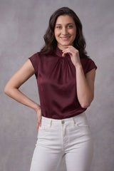 ZELZIS Women’s Maroon Satin Cowl Neck Short Sleeve Top