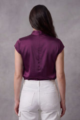 ZELZIS Women’s Purple Satin Cowl Neck Short Sleeve Top