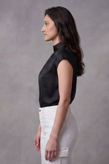 ZELZIS Women’s Black Satin Cowl Neck Short Sleeve Top