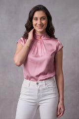 ZELZIS Women’s Pink Satin Cowl Neck Short Sleeve Top